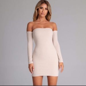 Meshki Off The Shoulder Cream Nude Deidra Rib Knit Mini Dress XS